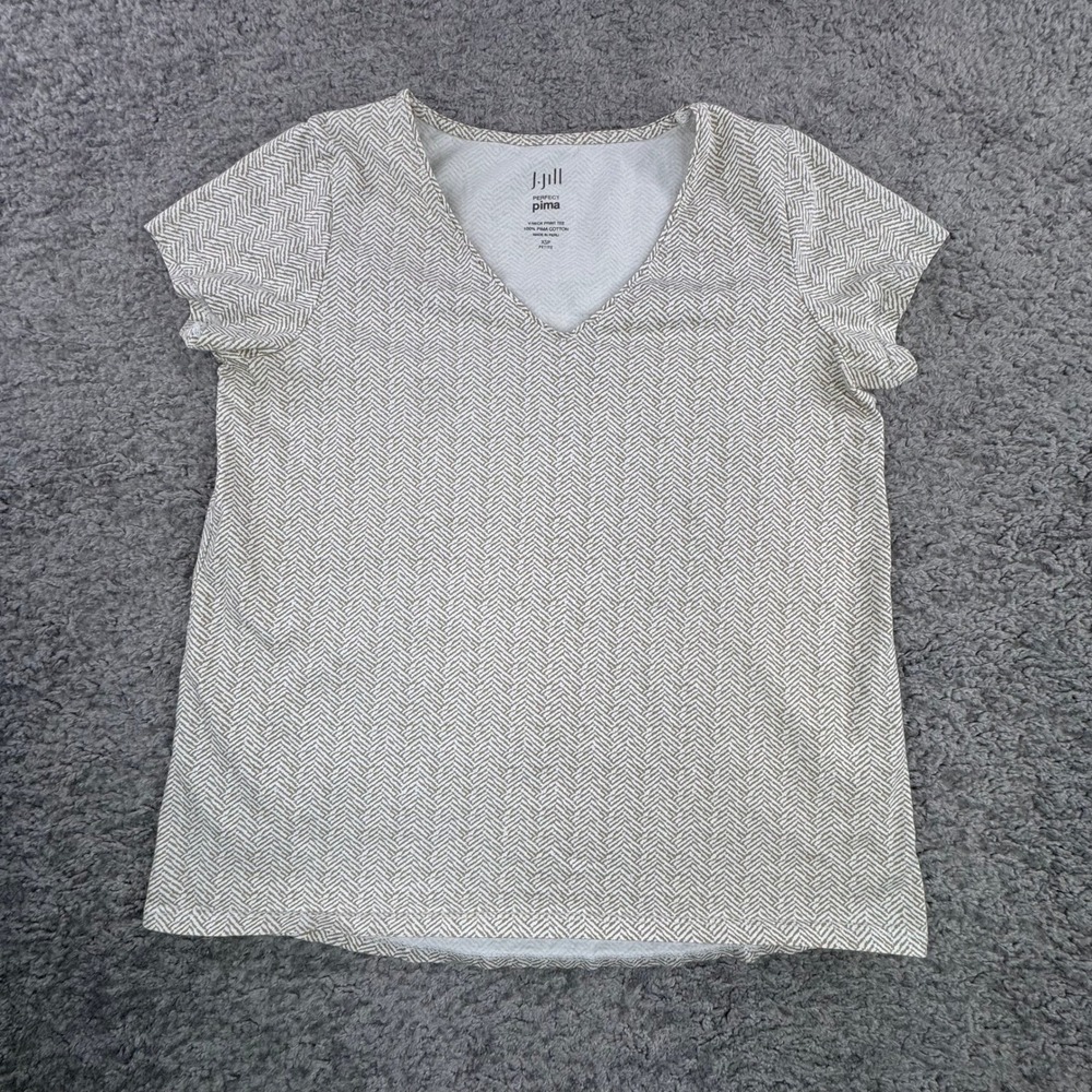 J Jill Perfect Pima V Neck Petite TShirt Tan White Herringbone Print XSP‎